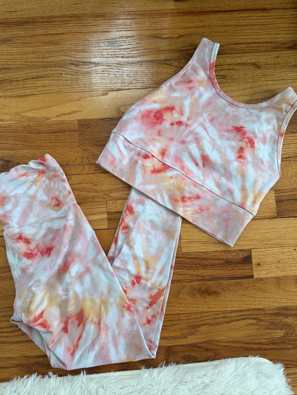 Strut this Tie-Dye Active Set - Coral, Peach & Yellow Crop Top + Leggings
